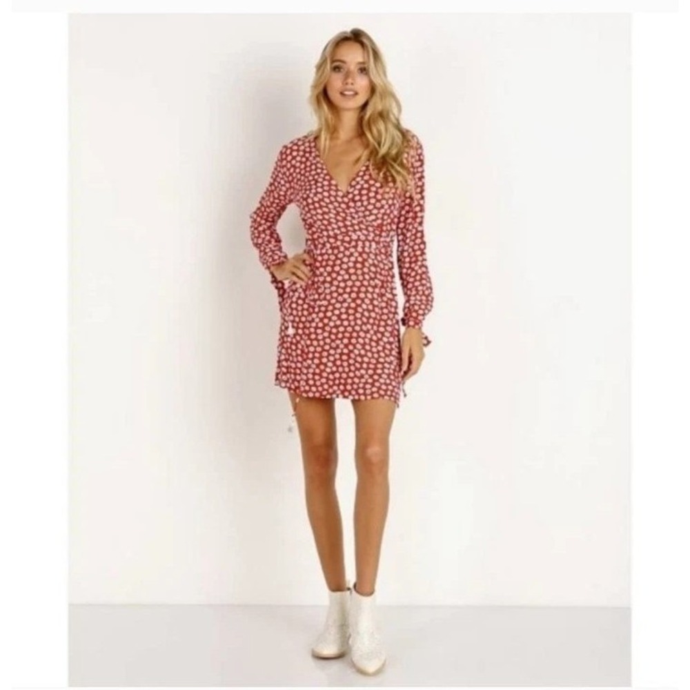 Faithfull Poppy Wrap Dress Danica Floral Print Women's 2 Red‎ Faux Wrap Feminine